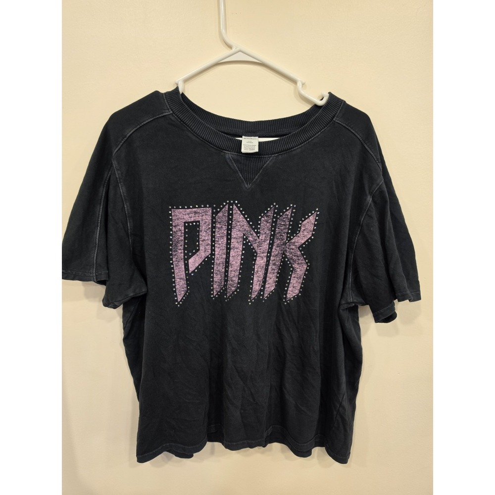 Victoria's Secret Black Pink Bling Rhinestone Tee Size L Cotton Y2K VNTG 90s